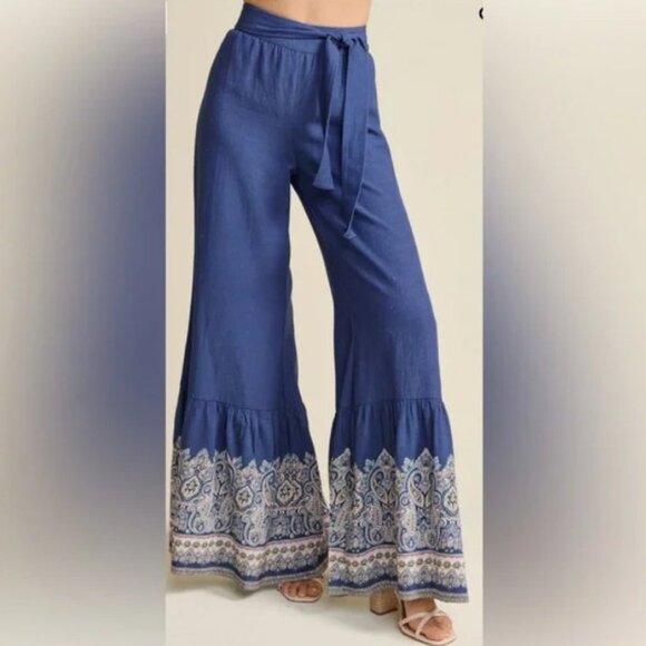 Venus Blue/Paisley Wide Leg Flare Bottom Pants - Picture 1 of 16